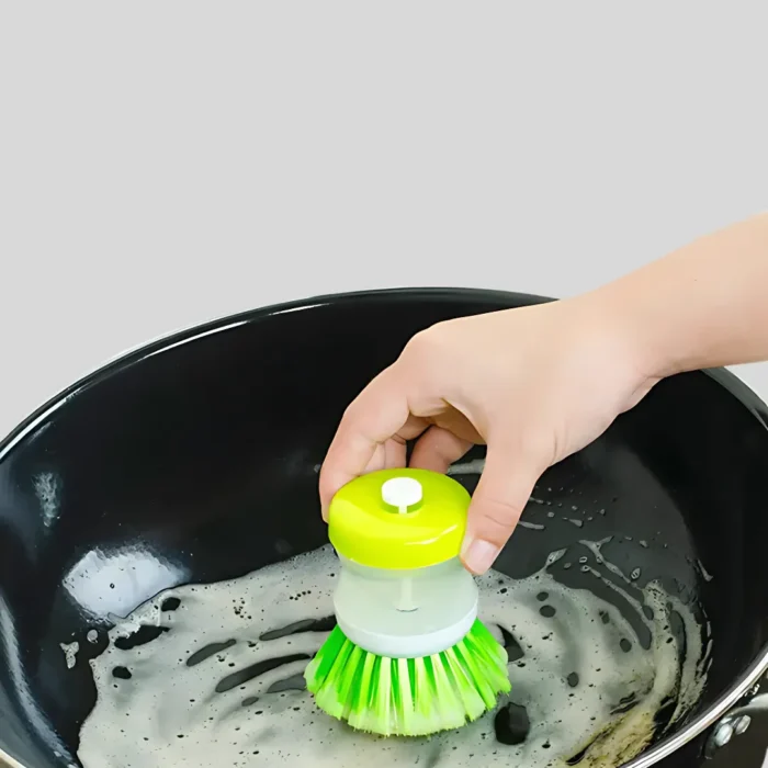 Palm-Style Dish Soap Dispensing Brush with Nylon Bristles and Storage Stand – Assorted Colors