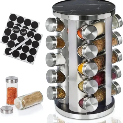 20-Jar Revolving Spice Rack with Glass Jars, Stainless Steel Lids & Labeling Set – 360° Rotating Kitchen Organizer