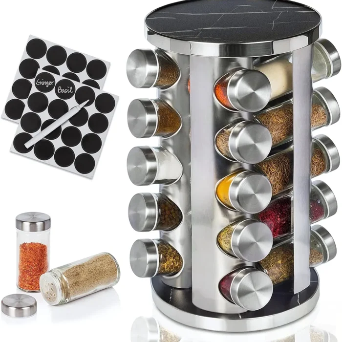 20-Jar Revolving Spice Rack with Glass Jars, Stainless Steel Lids & Labeling Set – 360° Rotating Kitchen Organizer